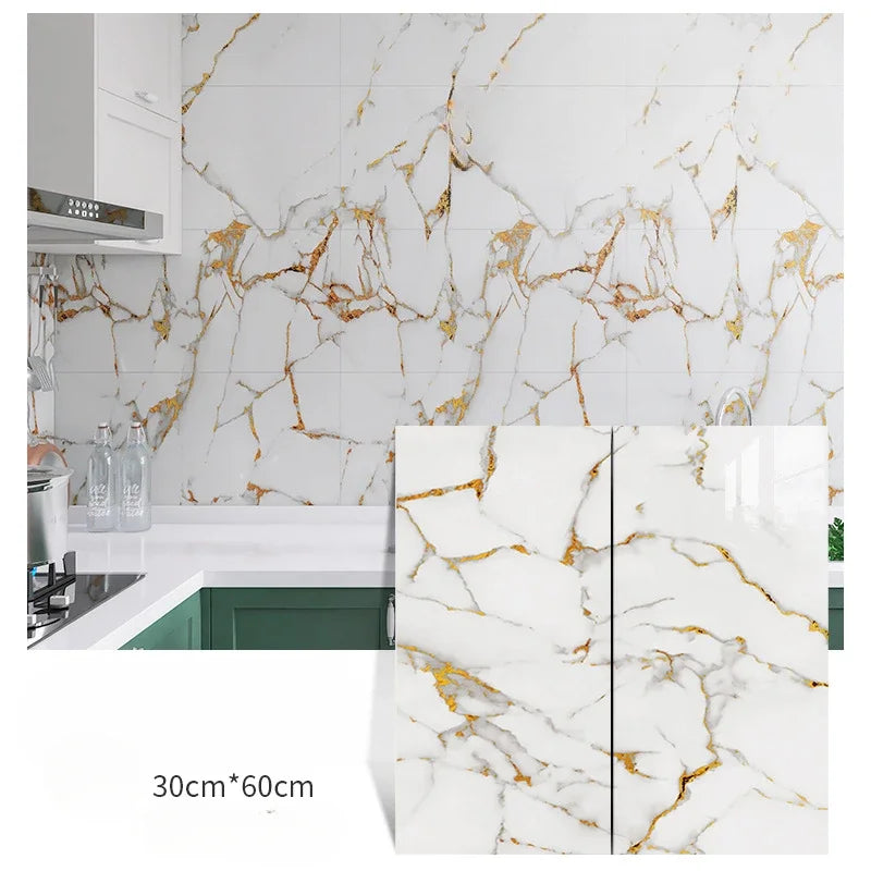 Self-adhesive marble-pattern wall sticker set, white base with gold veining, 3-panel look