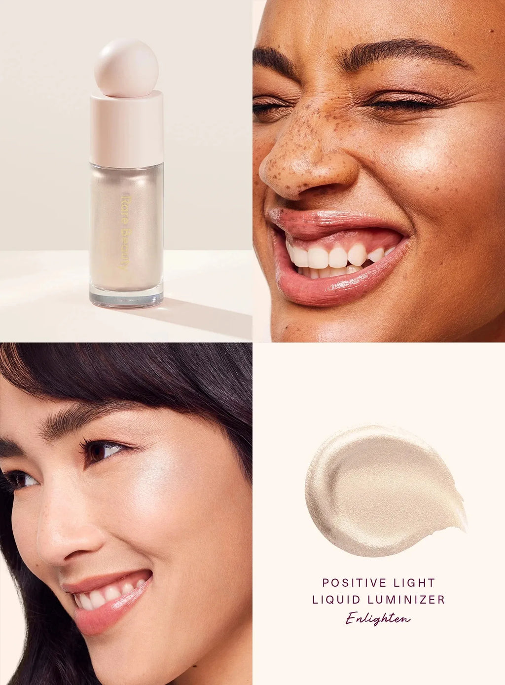 Rare Beauty Enlighten liquid highlighter showing shimmering champagne texture on skin and product bottle.