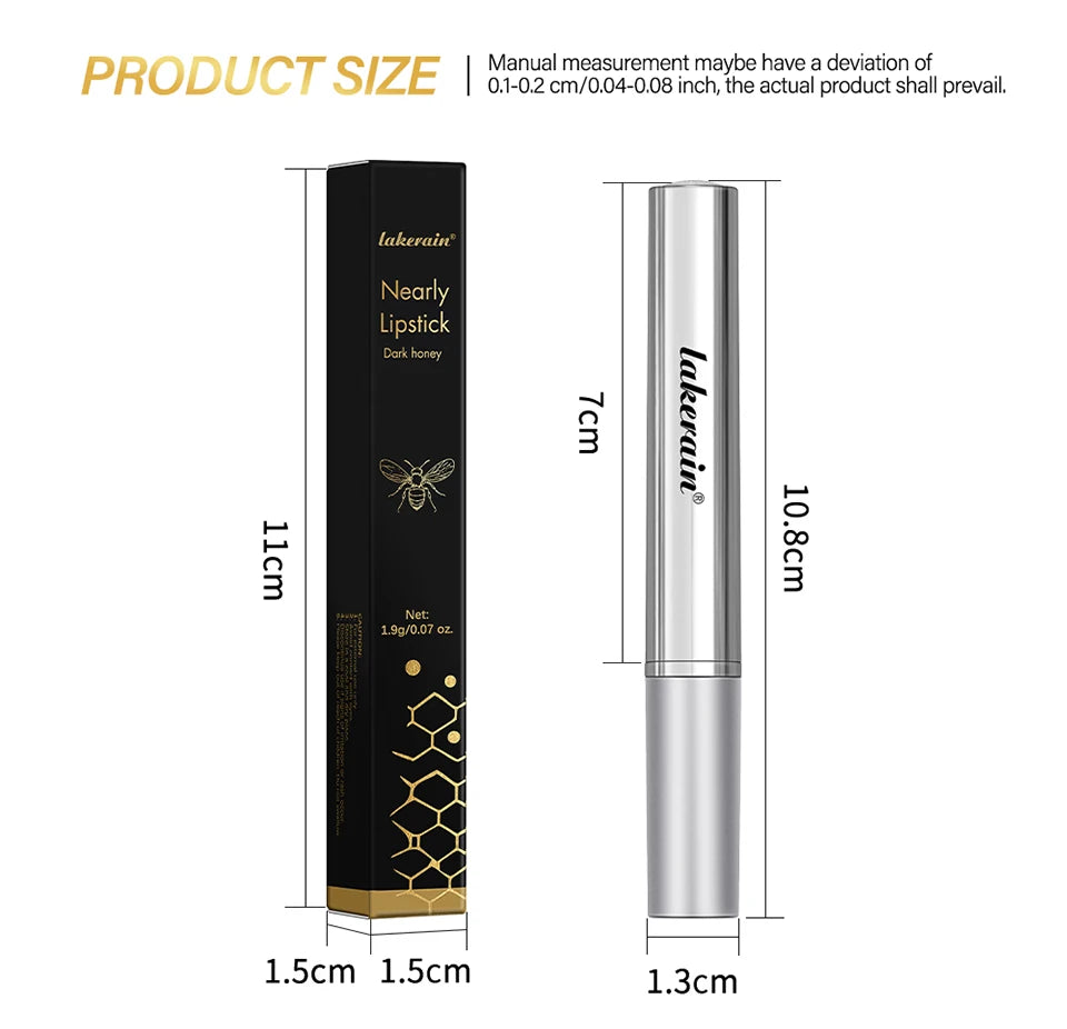 Lakerain Dark Honey tinted lipstick packaging and silver tube with product size dimensions for lip makeup.