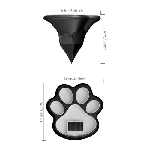 Black paw-shaped solar LED light with solar panel, spike base, and size diagram
