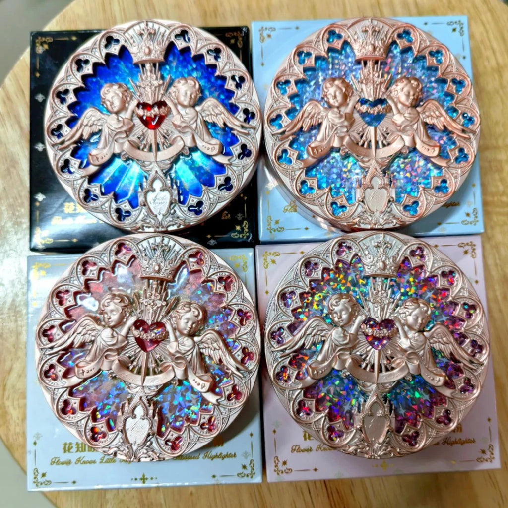 Tidesmit Flower Knows Little Angel embossed face highlighter palette texture close-up showing diamond glitter finish