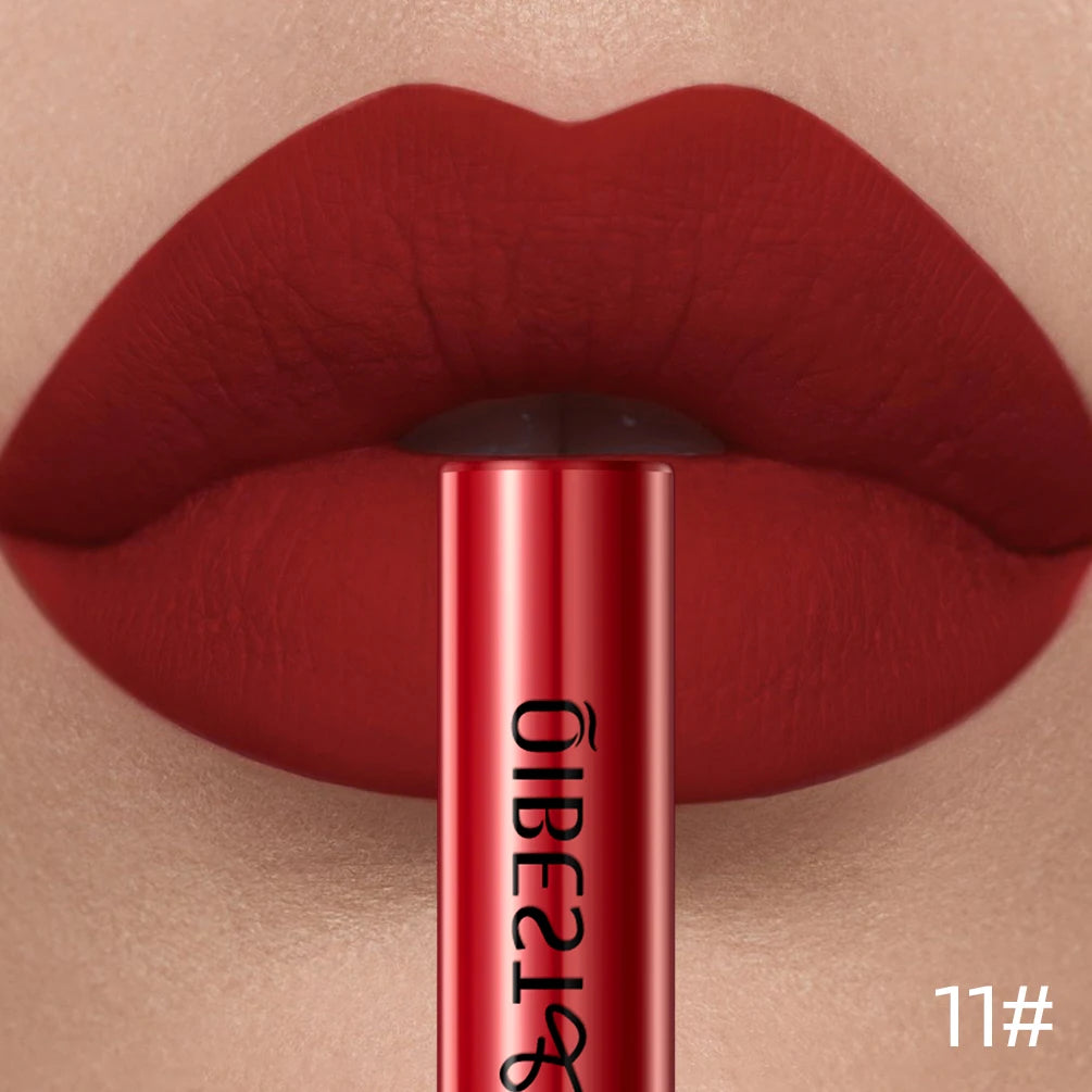 Long-lasting waterproof matte liquid lipstick in classic red, featuring a velvet, non-stick finish on lips.