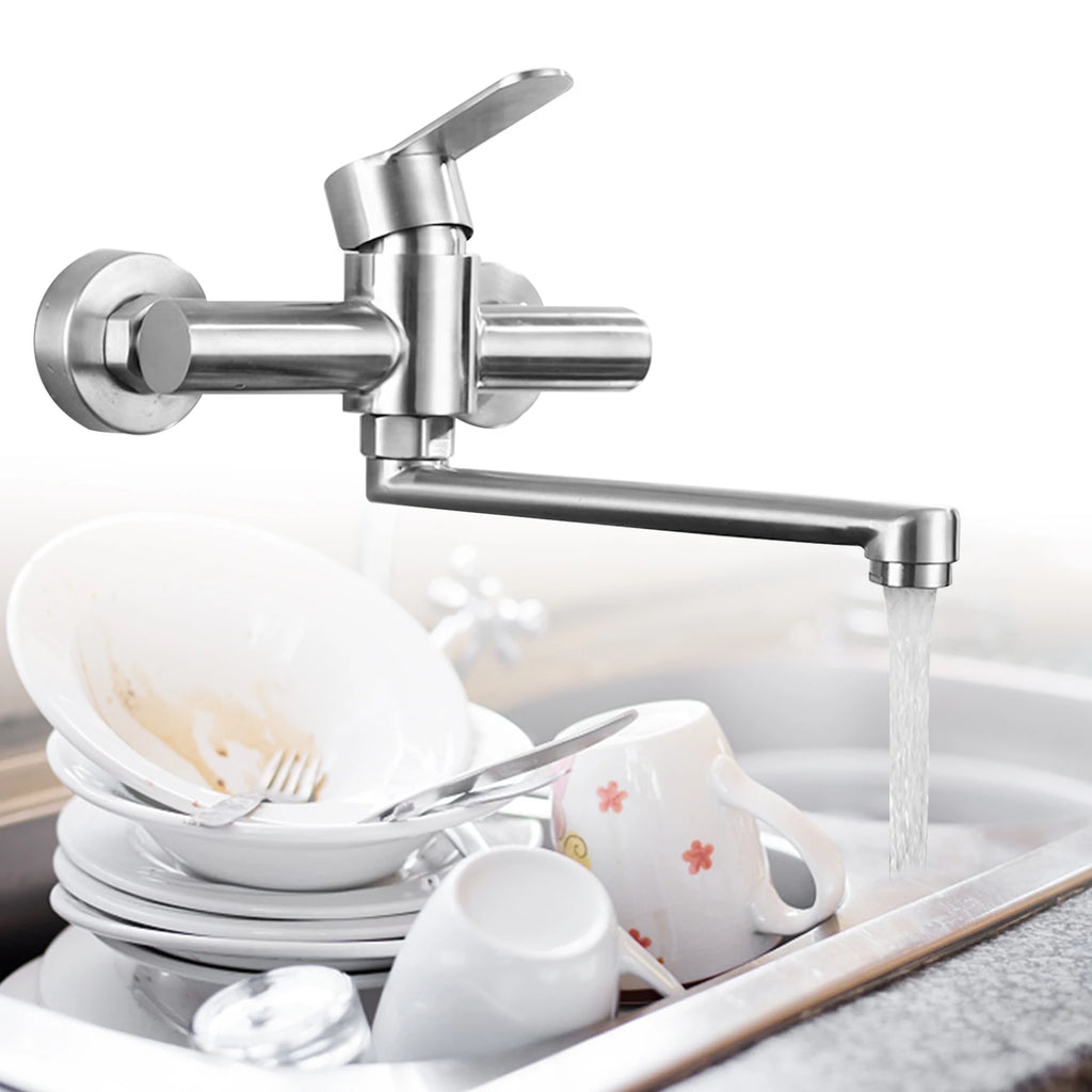 Silver Wall-Mounted Stainless Steel Rotatable Kitchen Faucet 360° Single Handle Hot and Cold Water Faucet For Both Homes Etc