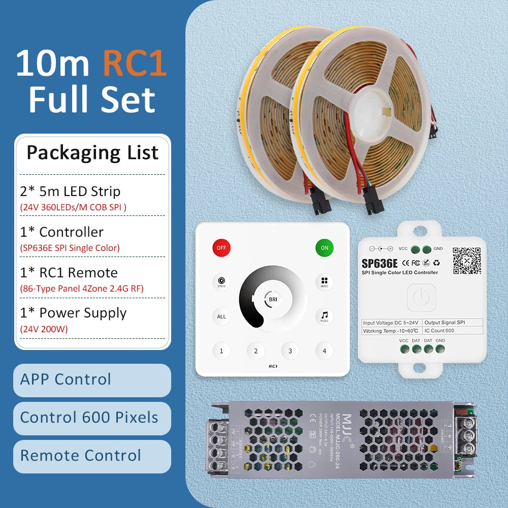 10m RC1 LED strip kit with SP636E controller, wireless remote, and 24V power supply