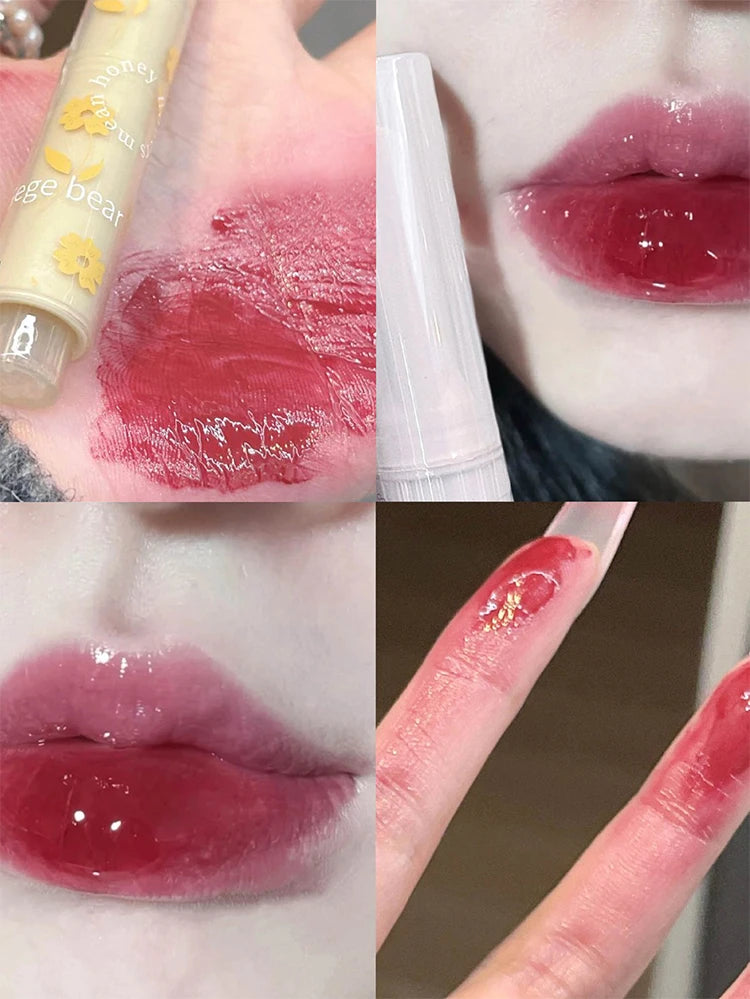 Gege Bear Floral Whisper lipstick: glossy, moisturizing jelly-finish red lip makeup with a high-shine mirror effect.