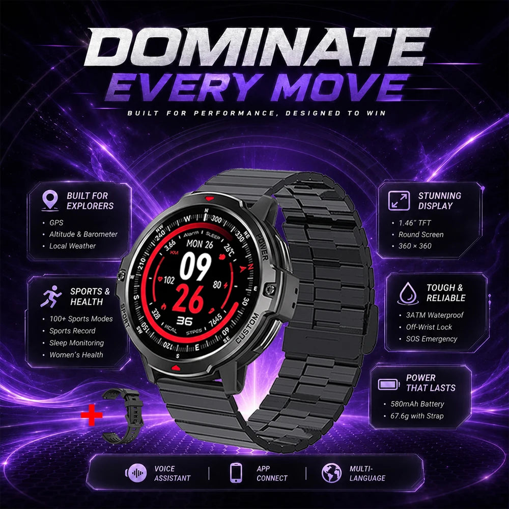 Black GPS smartwatch with 1.46-inch display and black link bracelet strap
