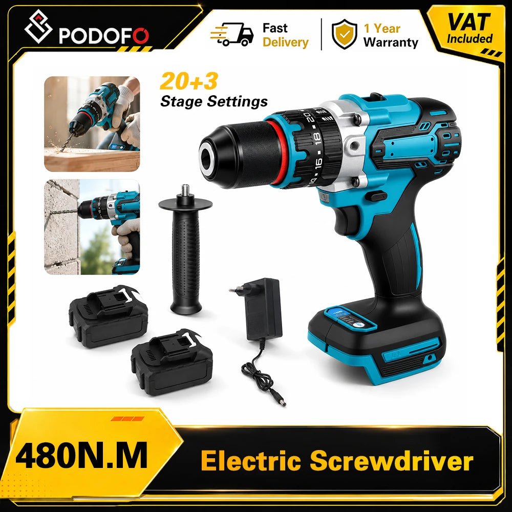 Podofo Brushless Electric Screwdriver Cordless Impact Drill Multi Function Power Drill 3 In 1 Hammer Drill Screwdriver Flat Drill 20+3 Torque For Steel Wood Concrete Drilling