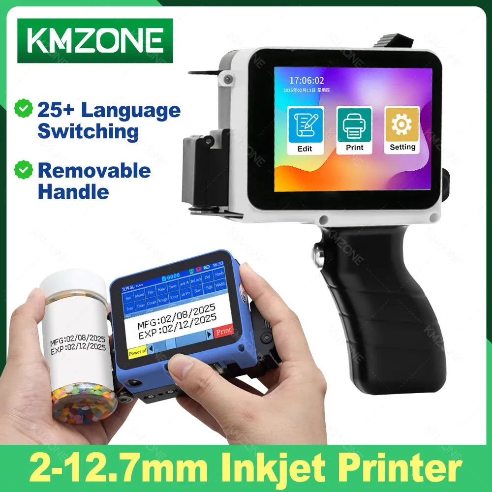 Handheld mini inkjet QR barcode printer with touch screen, black and white body