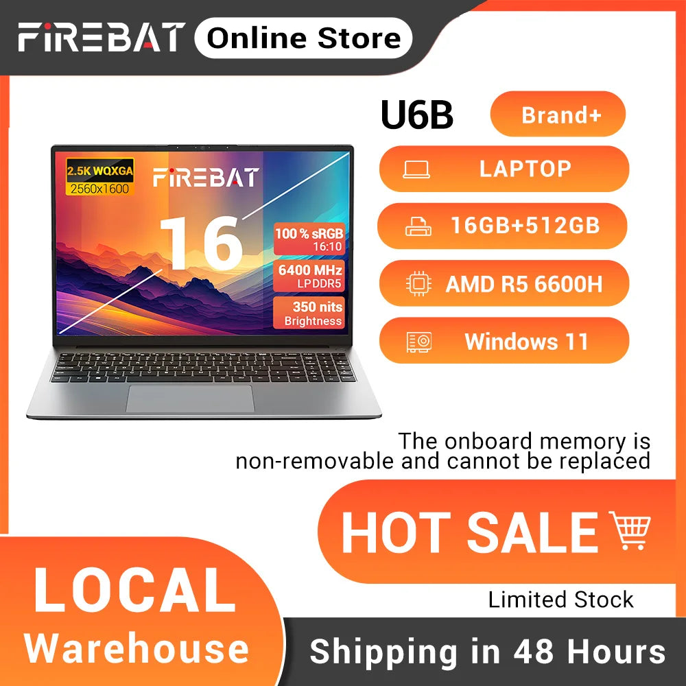 FIREBAT U6B 16" Laptop AMD Ryzen5 6600H LPDDR5 16GB RAM M.2 512GB SSD WiFi6 BT5.2 16inch 2.5K 120Hz Screen Windows11 Computer