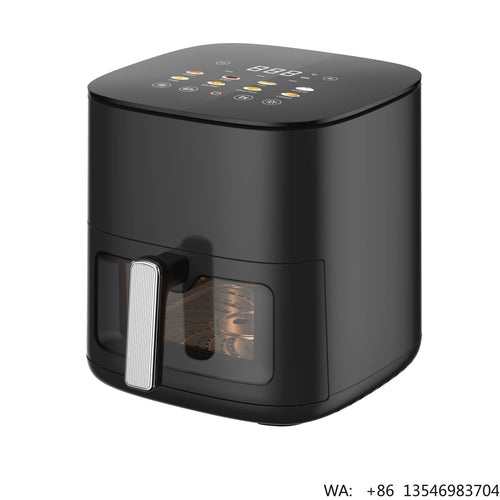 Square black air fryer with front window and top LCD display panel