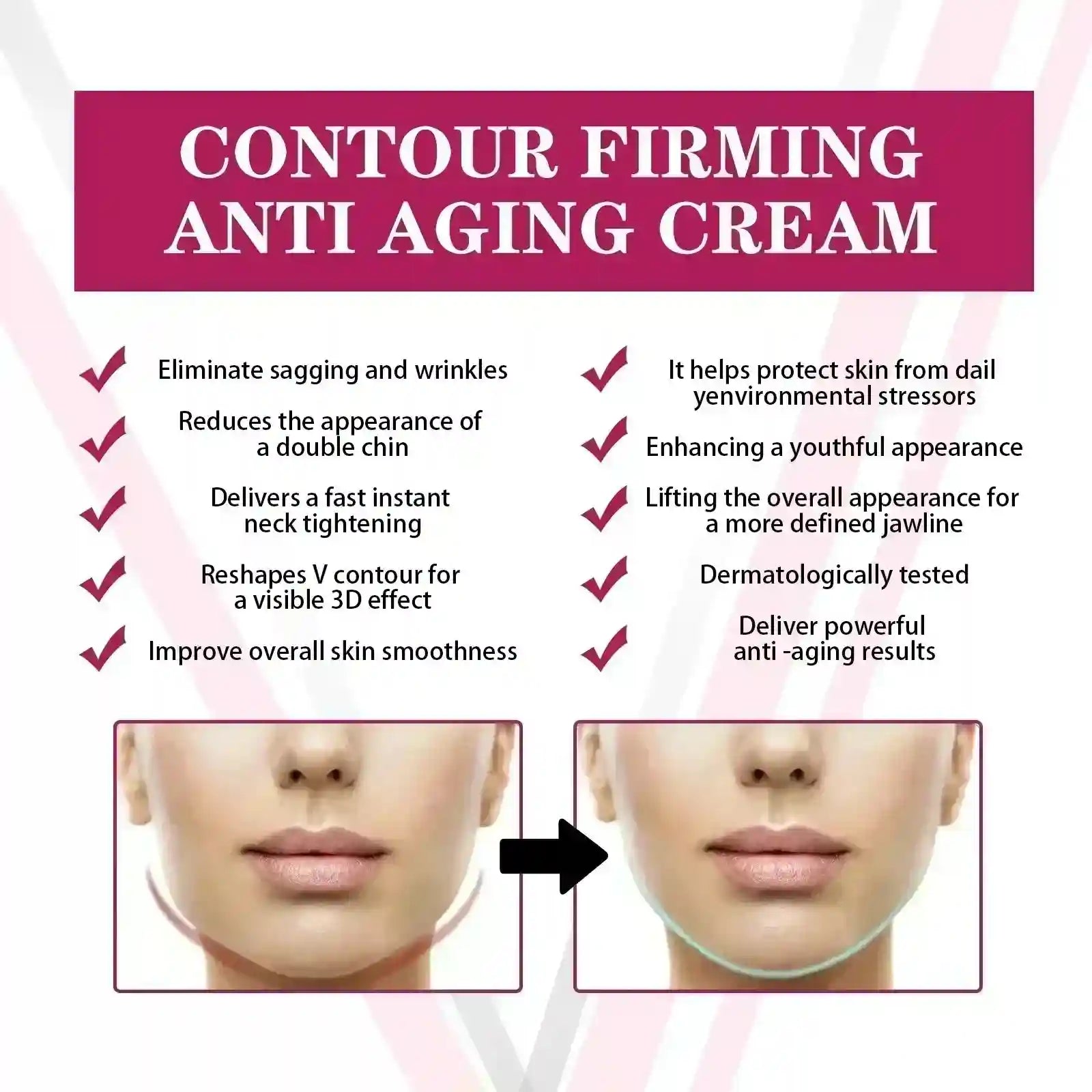 Infographic for V-Line firming cream, showing before-and-after results of a defined, lifted jawline.