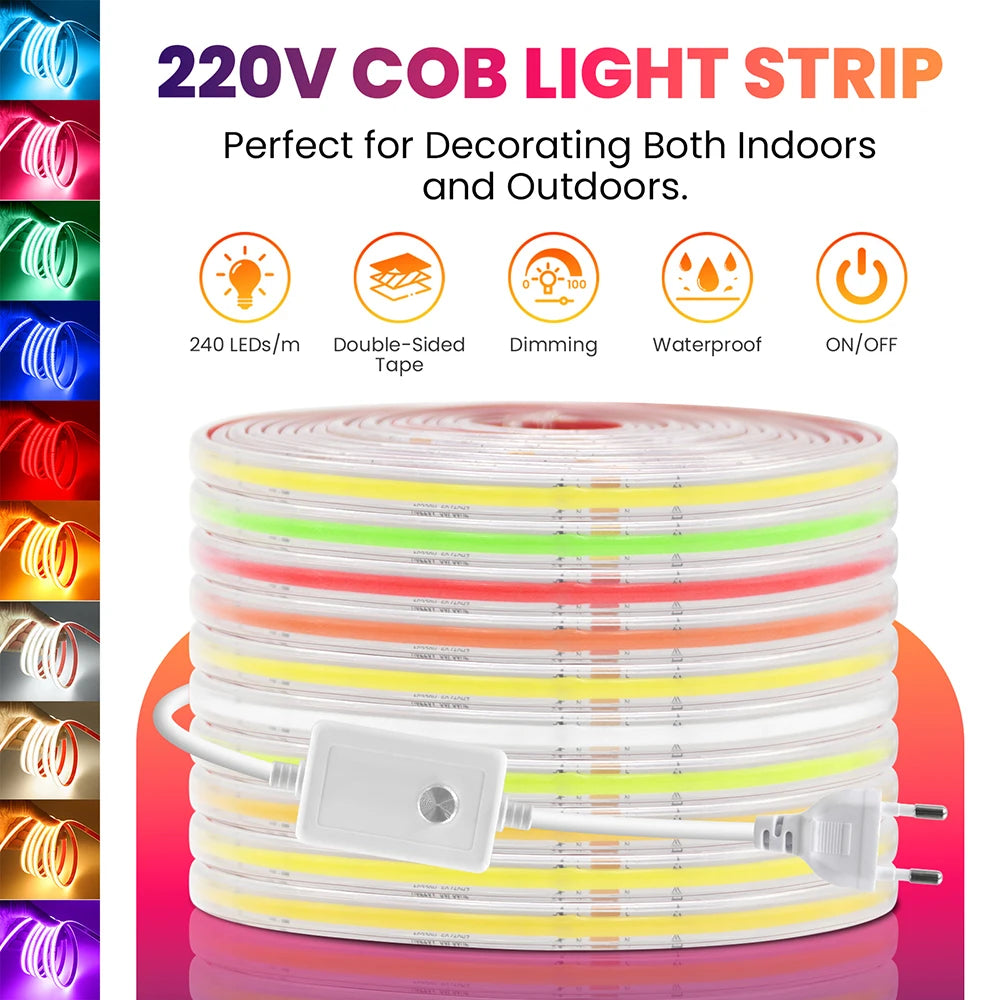 220V 10 Colors Dimmable COB LED Strip Light 240 LEDs Flexible Tape Dimmer EU Power Plug Kit TV Night Lights Home Linear Lighting