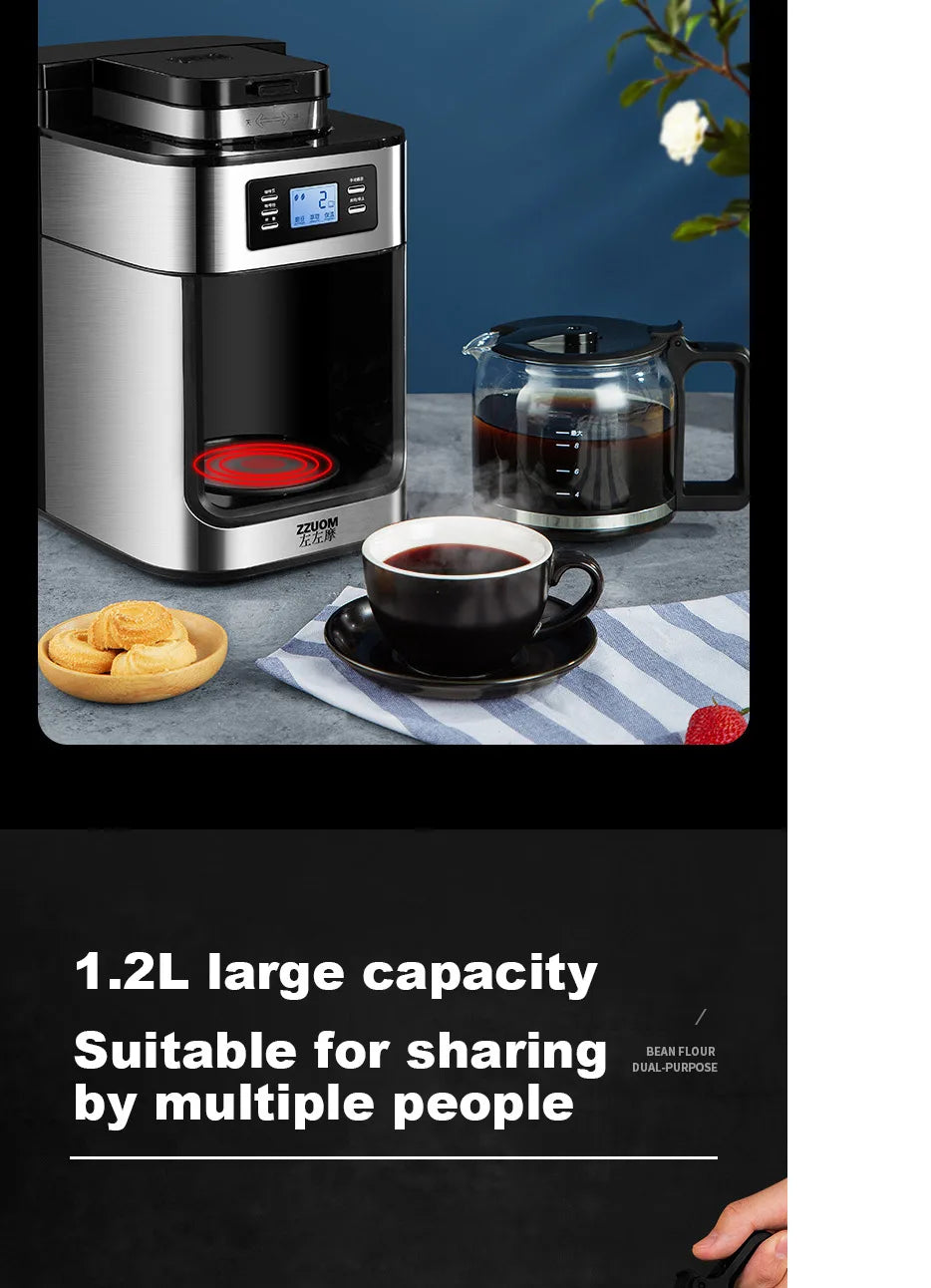ZZUOM 1.2L stainless steel coffee maker with glass carafe, digital display, and warming plate for home brewing.