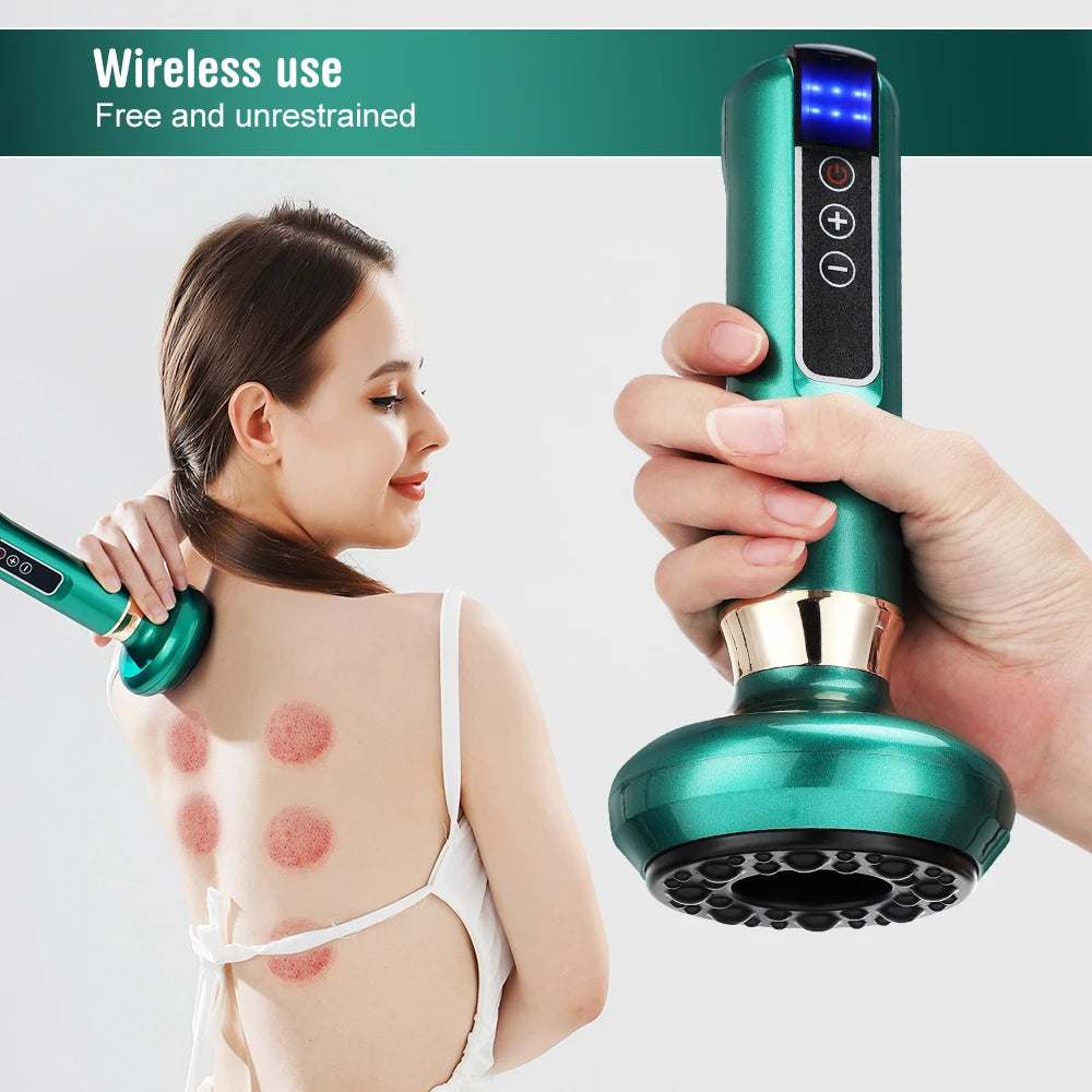 Handheld green electric cupping massager with vacuum suction, heat, and LED display for body slimming and pain relief.