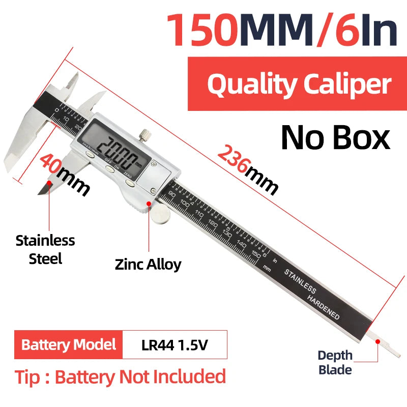 Digital quality caliper with LCD display, stainless steel jaws and depth blade, zinc-alloy body.