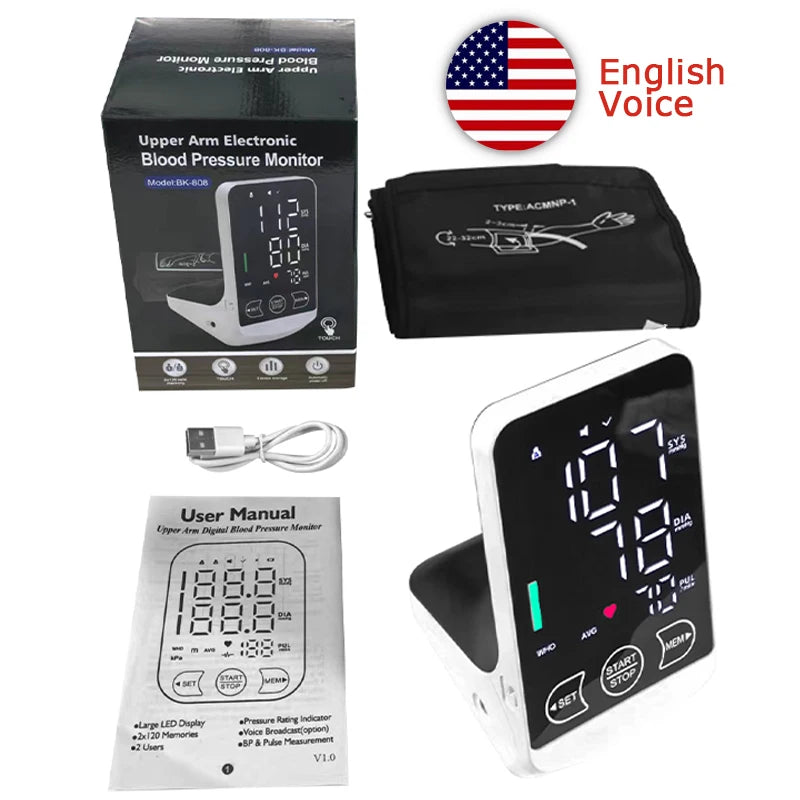 English/Spanish Voice Large Display Screen Rechargeable Automatic Tonometer Arm Blood Pressure Monitor Digital Tensiometer