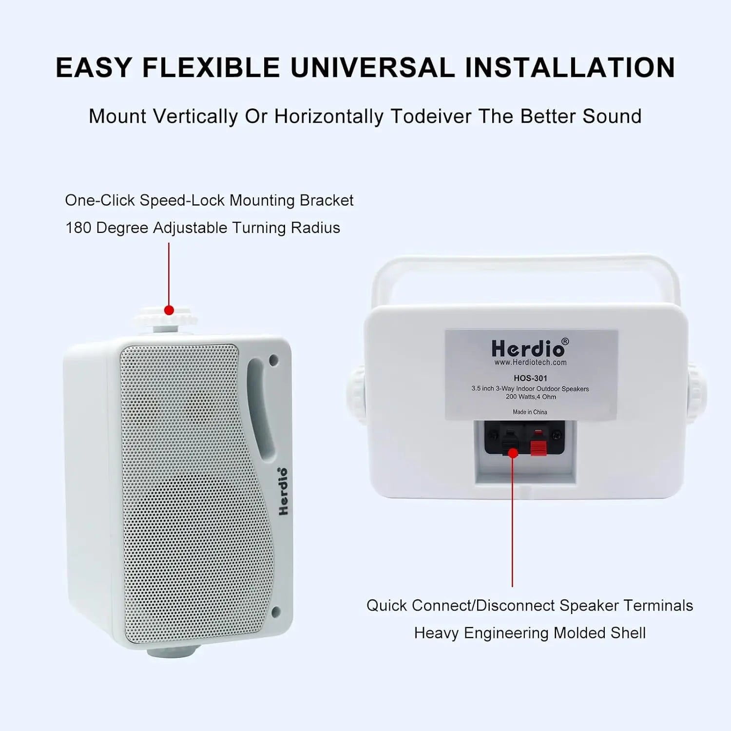 Herdio 3.5inch Outdoor Speaker 200W Waterproof Wall Mount Speakers HiFi Passive Wired 3 Way Premium Mountable Speake Black