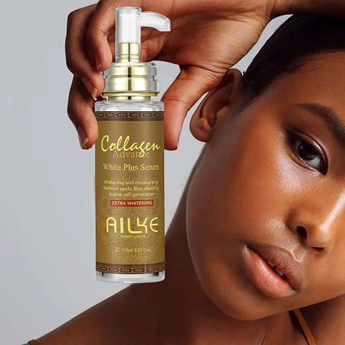 AILKE Collagen White Plus Serum pump bottle with gold accents, held in a hand