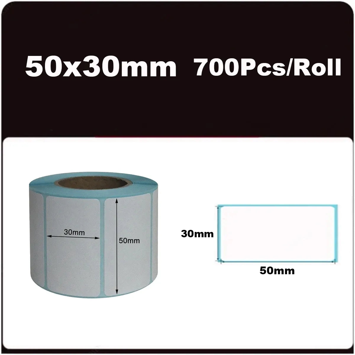 White thermal printer label roll, blank self-adhesive labels, 50x30mm size