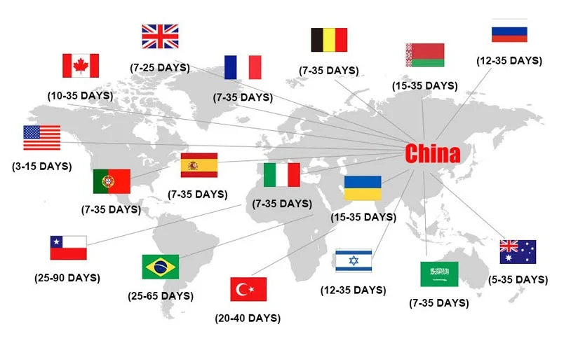 International shipping map with delivery time estimates for different countries