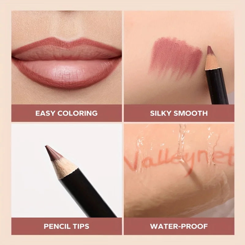 4pcs matte lip liner set showing silky, waterproof, highly pigmented mauve swatches and precise application on lips.