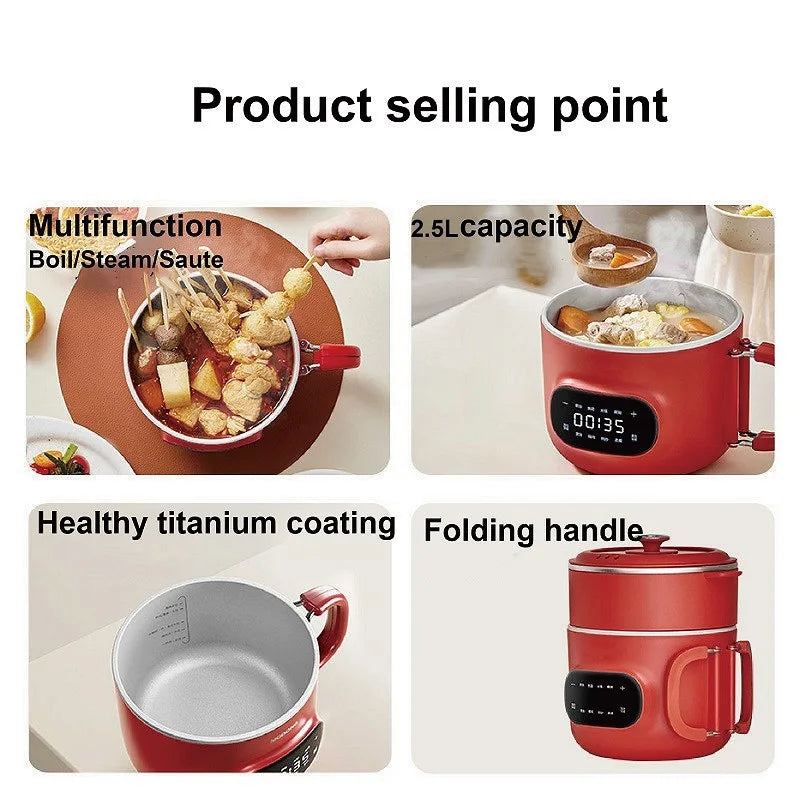 Red multi-function electric cooker with folding handle and top lid; 2.5L capacity shown