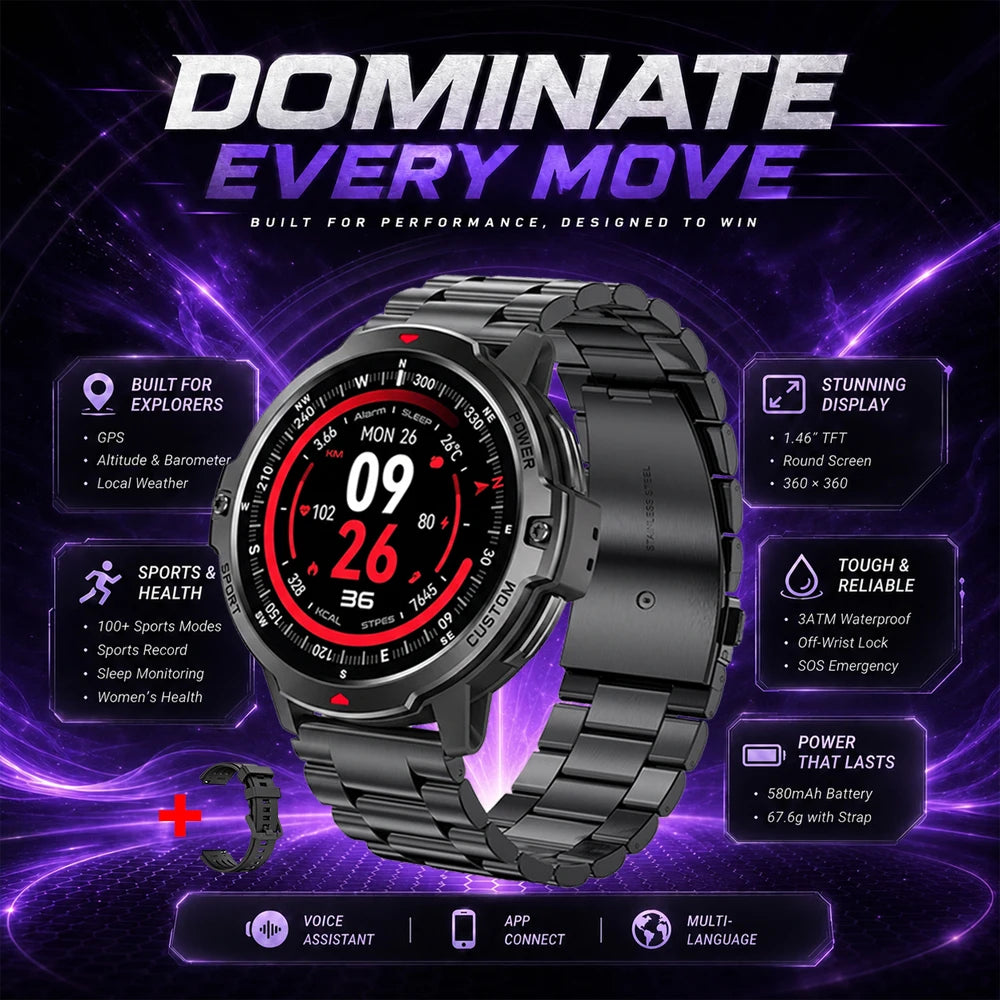 Black GPS smartwatch with 1.46-inch display and metal link bracelet strap