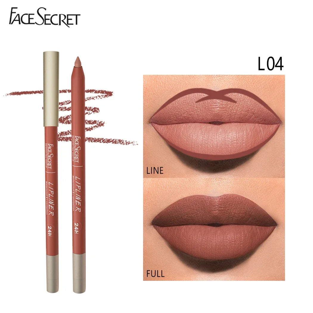 Face Secret waterproof matte lipliner pencil in L04, showcasing long-lasting velvet finish and precise lip application.