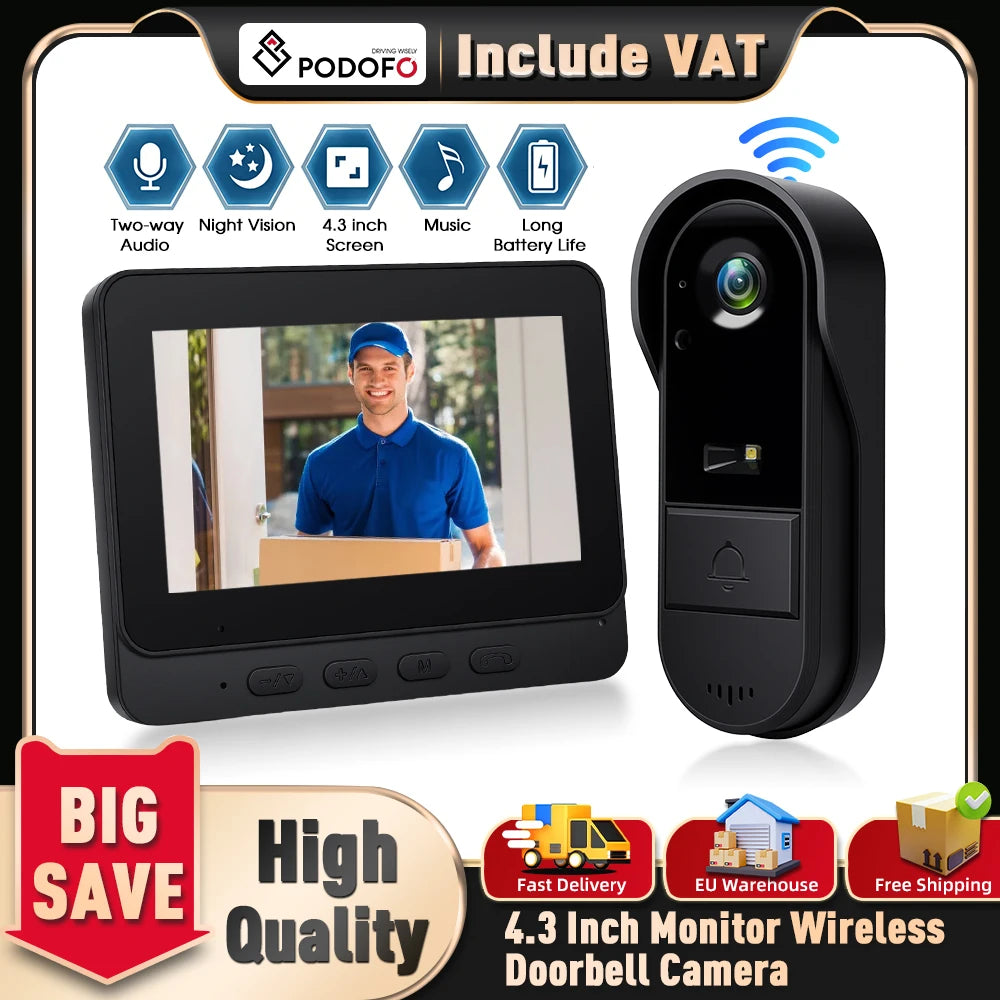 Podofo 4.3in Two-way Intercom Doorbell with 64G Card HD Night Vision IPS Screen Waterproof Visual Doorbell Home Security Video