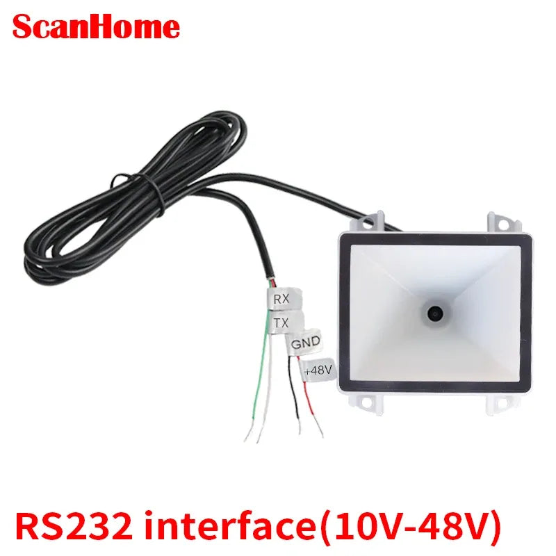 Fixed-mount barcode scanner with RS232 interface wiring for 10V–48V power