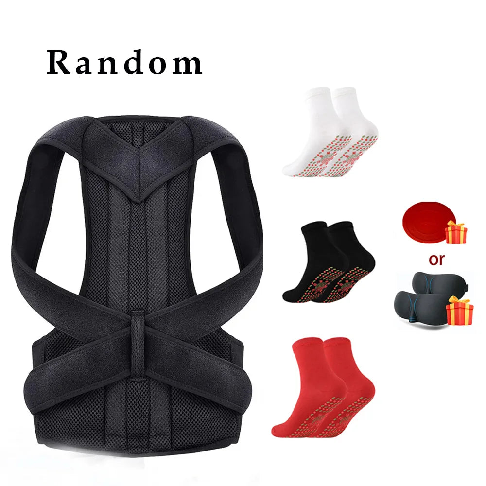 Black mesh back posture corrector, bundled with thermal socks and either a red disc or black eye mask.