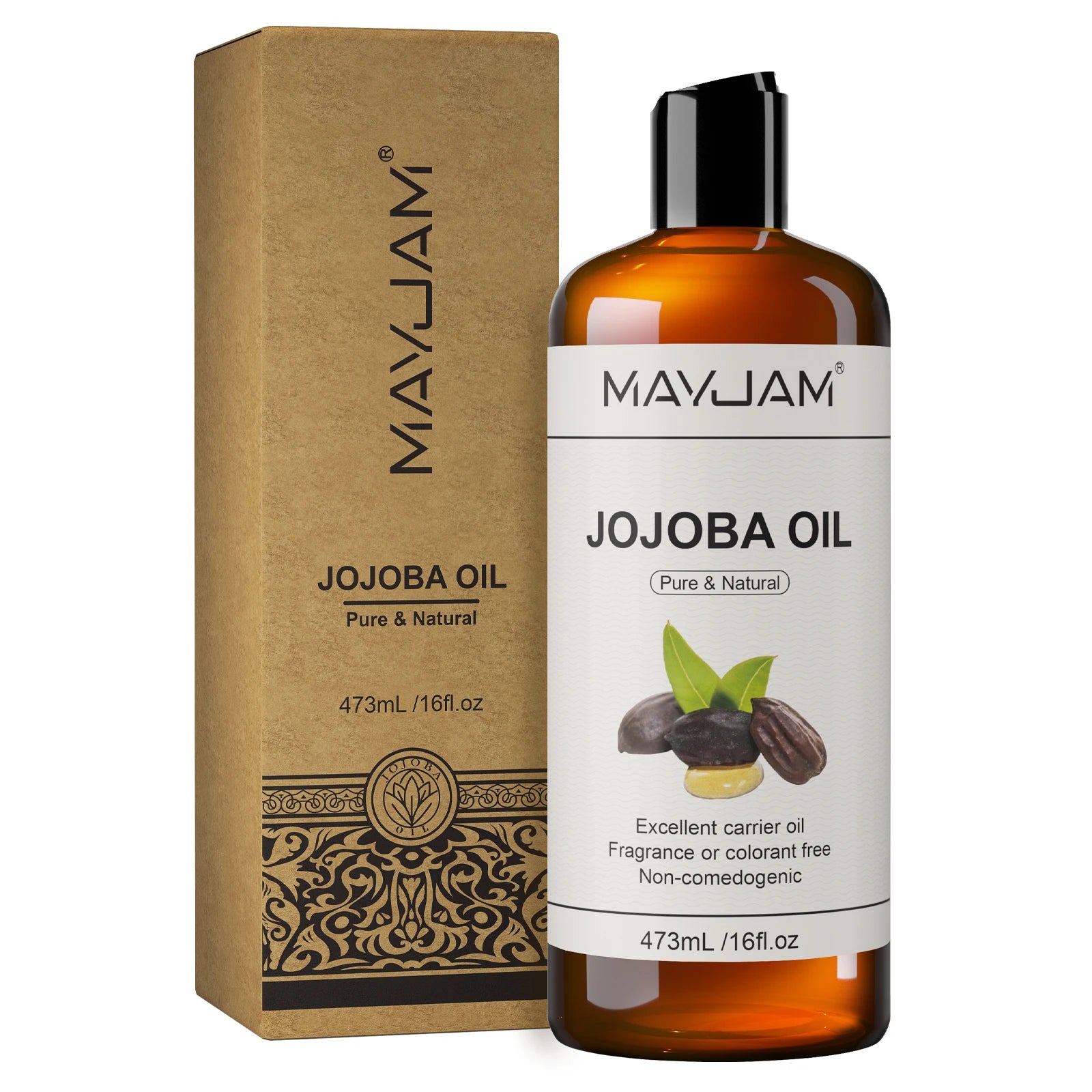 MAYJAM jojoba oil bottle and kraft box, 473 mL, pure and natural