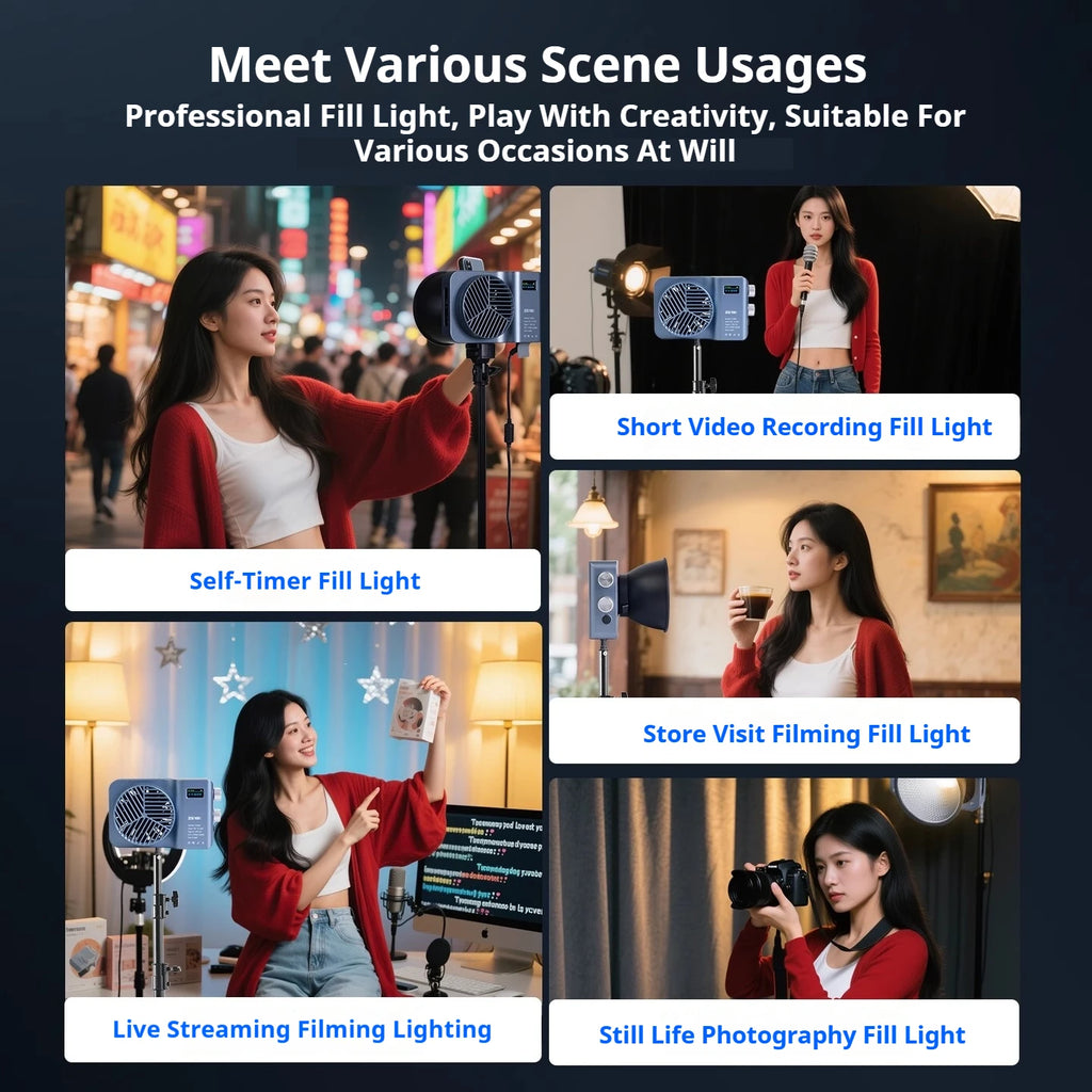 Rectangular blue LED fill light for photography and video, shown mounted on stands in various creative settings.