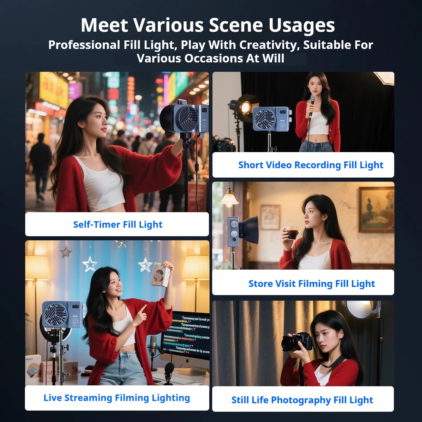 Rectangular blue LED fill light for photography and video, shown mounted on stands in various creative settings.