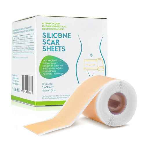 Silicone scar sheet roll with beige strip and white adhesive dressing box