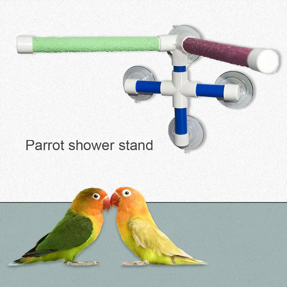 Suction cup parrot shower perch with paw-grinding texture for safe, stable bird bathing and grooming.