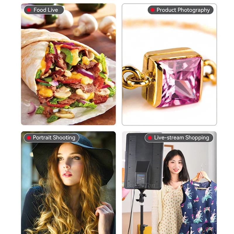 Square LED panel light on a stand used for food, product, portrait, and live-stream shopping photography.
