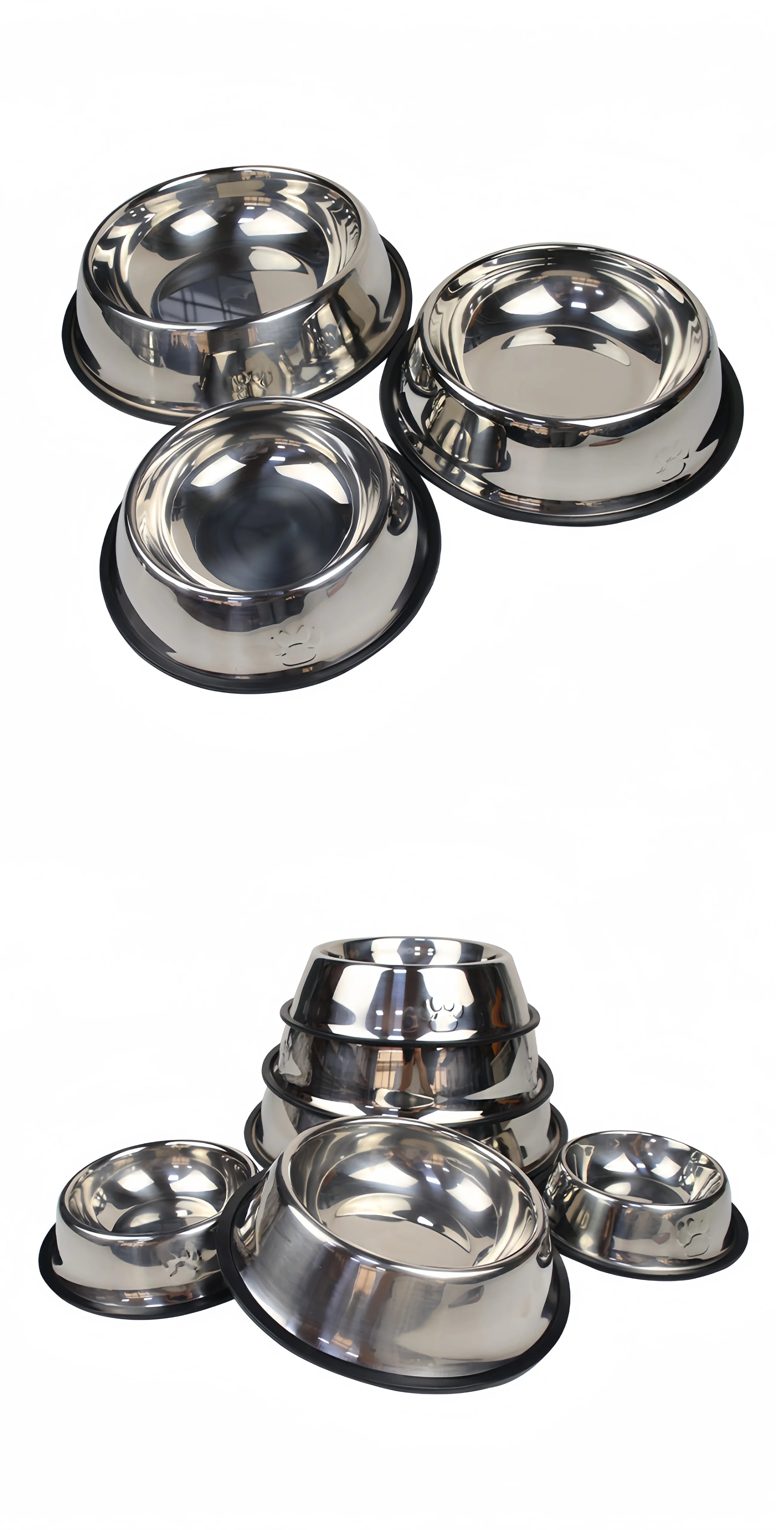 Durable stainless steel dog and cat bowls in 6 sizes for easy-to-clean food and water feeding.