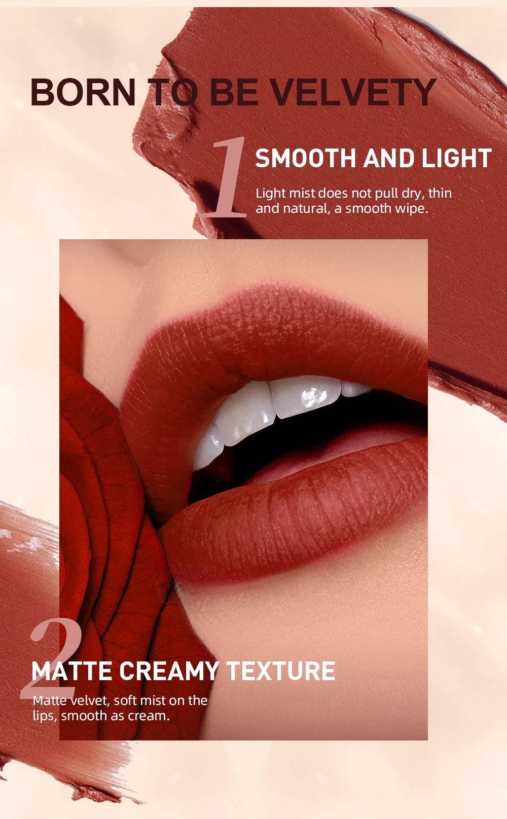 QIBEST matte velvet red lipstick and lipliner set with creamy, smooth texture and natural mist finish on lips.