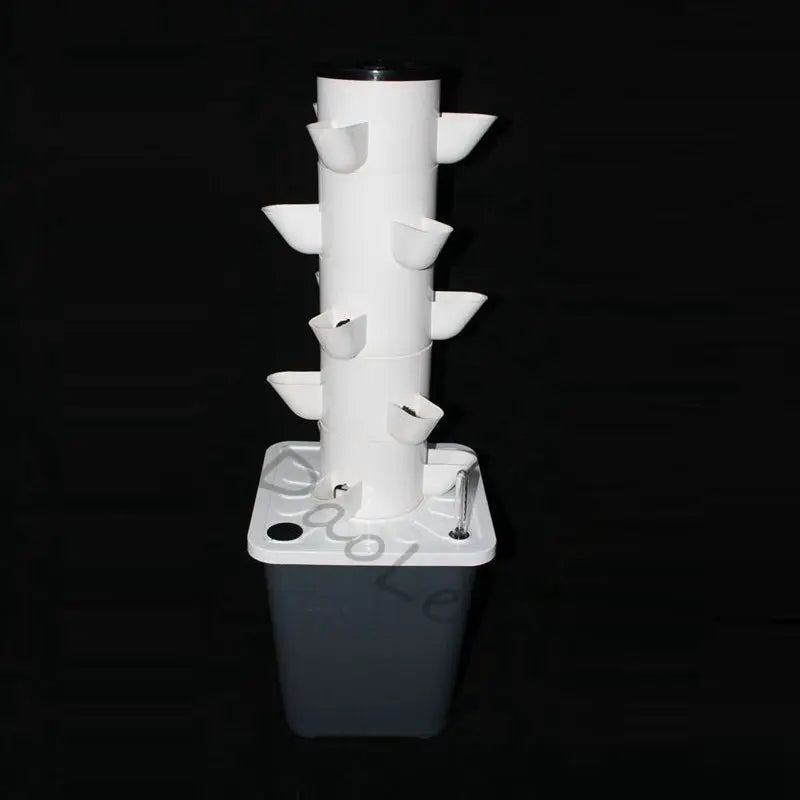 White vertical hydroponic tower planter with detachable cups on a gray water tank