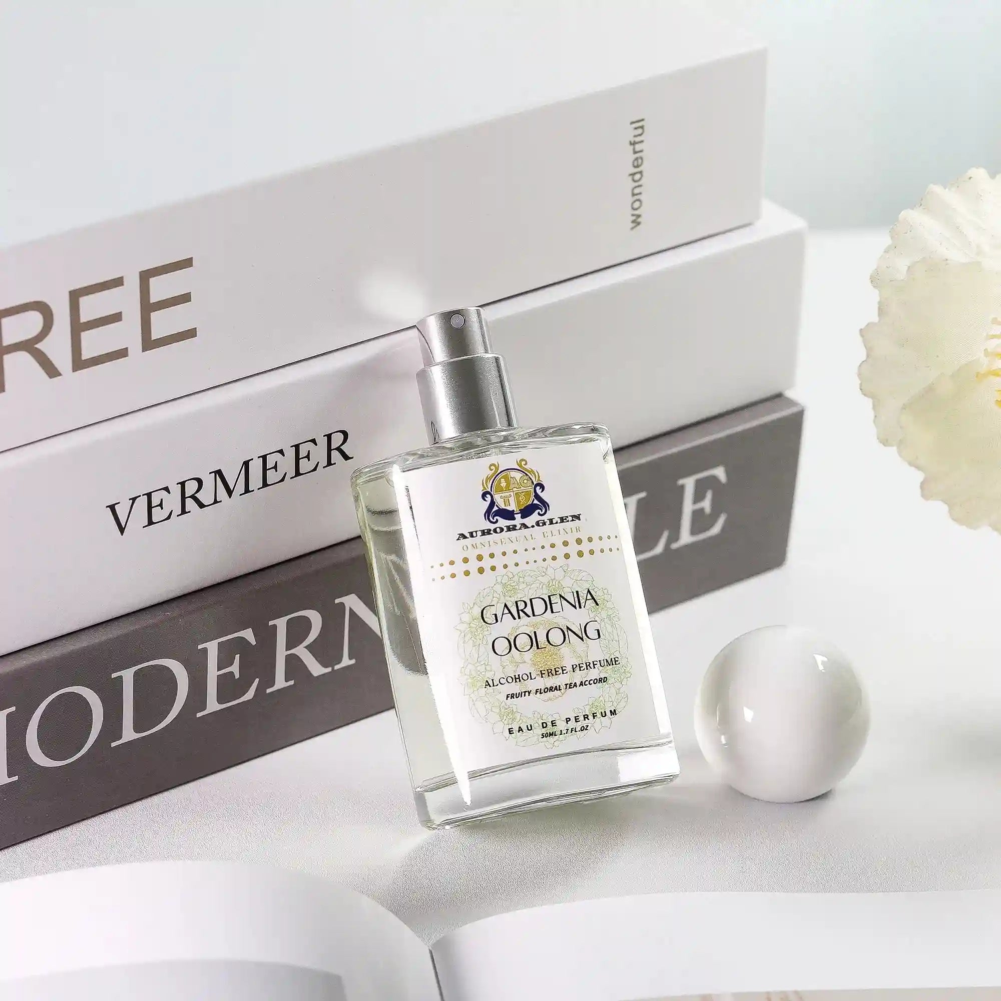 Aurora Glen Gardenia Oolong EDP perfume. Unisex, long-lasting floral tea oil in a sleek rectangular glass bottle.