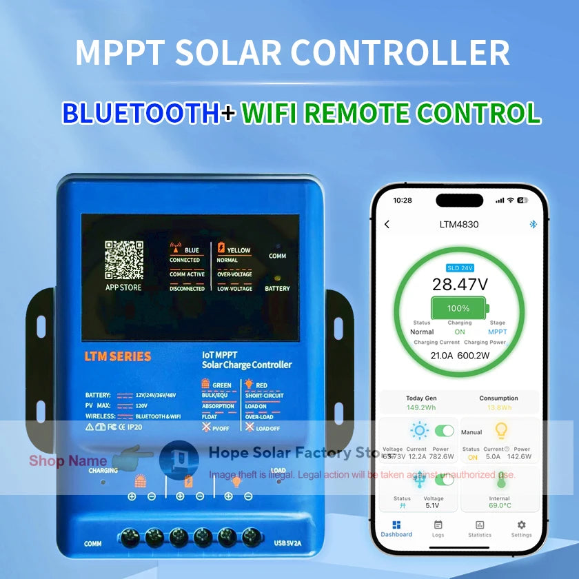 Smart MPPT Solar Charge Controller,30A 40A,12V 24V 36V 48V Auto,APP Remote (WiFi/Bluetooth) RS485,120V PV,LiFePO4 Lead Acid Gel