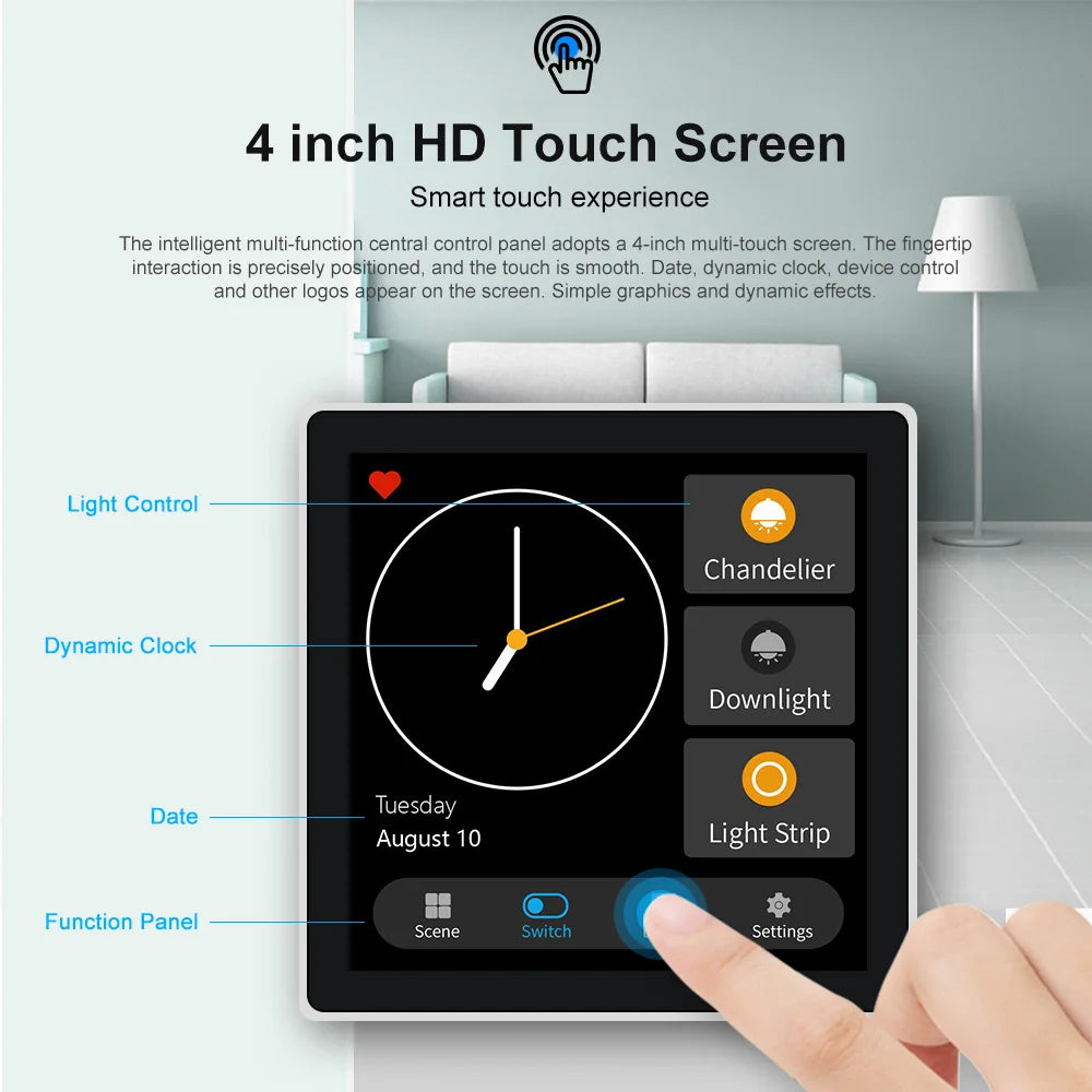 Smart Wall Switch 4 Inch Zigbee Touch Screen Control Panel for EU Homes Tidesmit