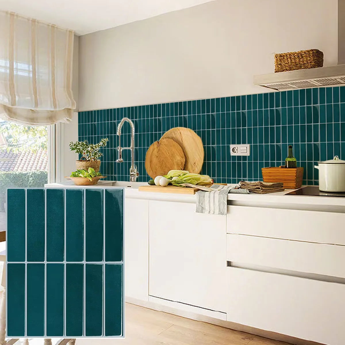 Teal peel-and-stick backsplash tile sheet with glossy subway tile pattern, shown on kitchen wall