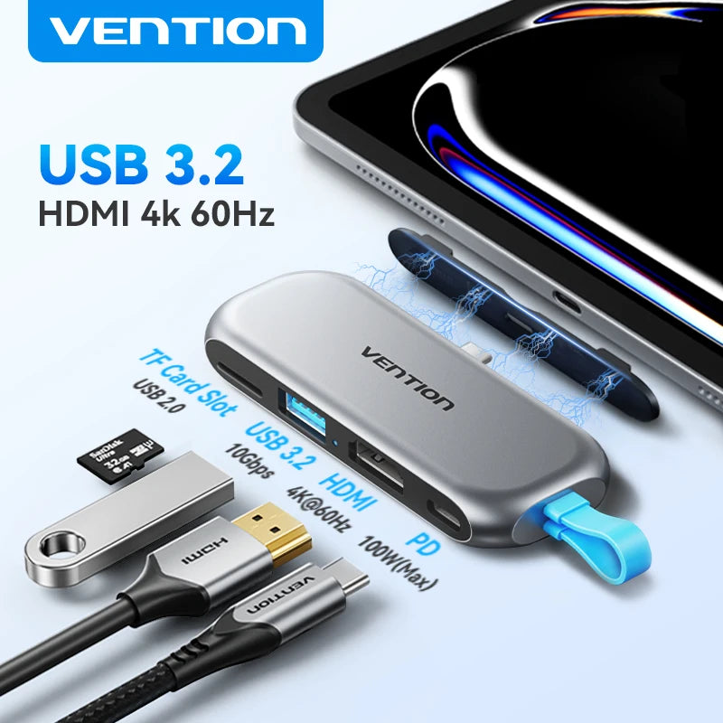 USB C Hub 4K 60Hz Adapter - 100W PD Charging for Laptop - Space Gray Tidesmit
