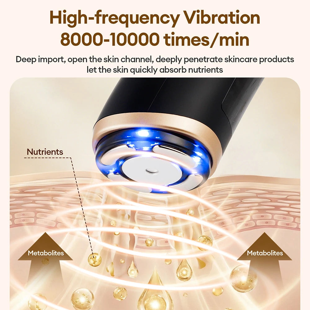 Black and gold handheld facial device with a metallic massage head glowing blue, shown treating a cross-section of skin.
