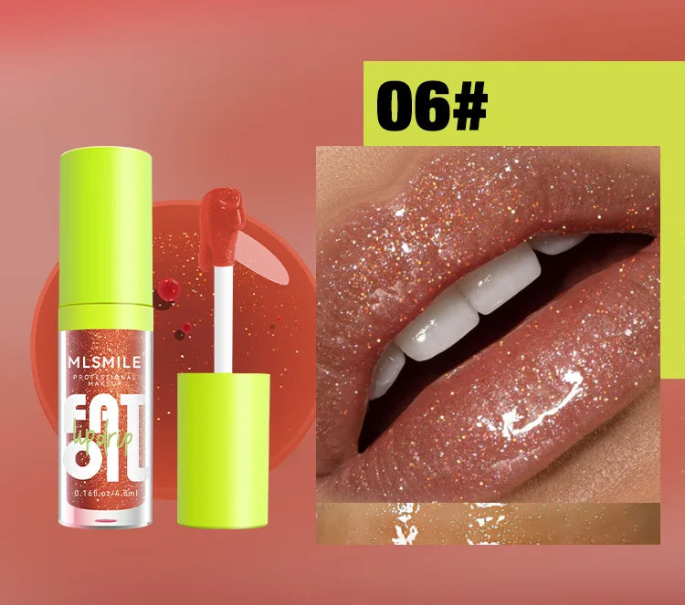 Moisturizing glitter lip oil in shade 06 with a high-shine, shimmery finish for plump, hydrated lips.