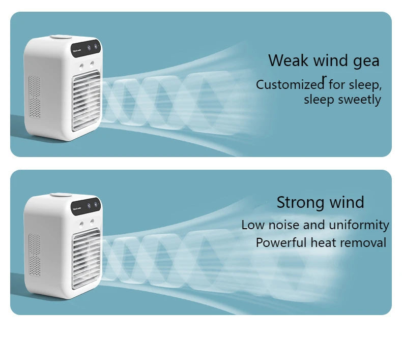 Tidesmit portable mini air cooler with water tank and 1800mAh battery for desktop cooling, side angle view.