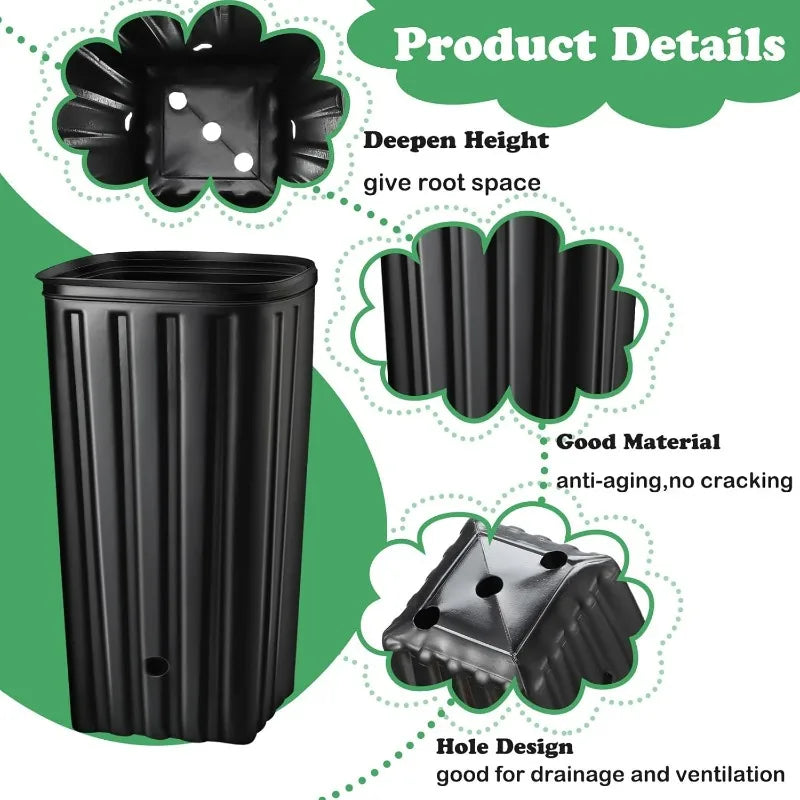 Black deep plastic nursery pot with drainage hole, ribbed sides and sturdy base