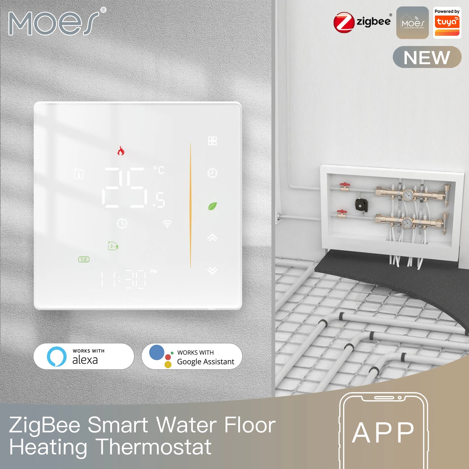 Zigbee Smart Thermostat for Floor Heating - App-Controlled Humidity water heating white Tidesmit